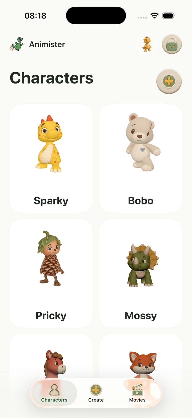 The Animister Characters shelf, showing Sparky, Bobo, Pricky, Mossy, Zippy and Romi.