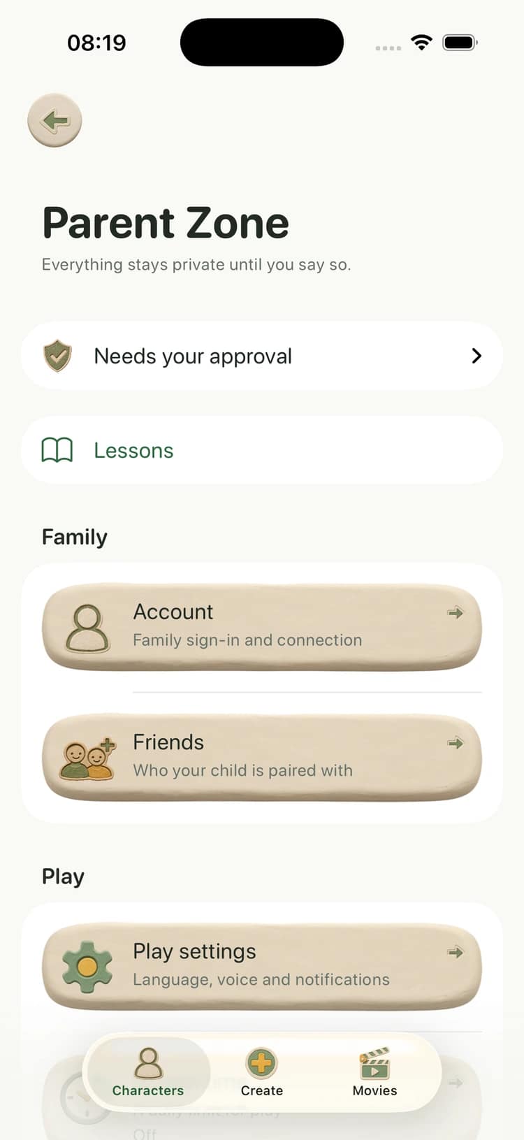 Parent Zone in the Animister app.
