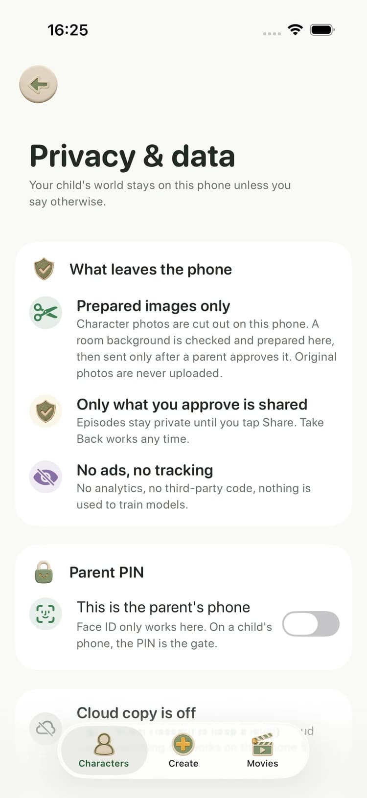 The privacy screen in the Animister app.